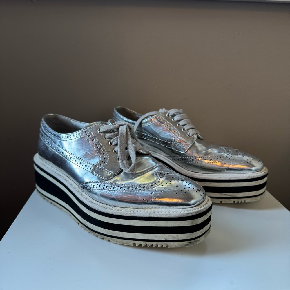 Prada Metallic Silver Leather Platform Brogue Derby Oxfords 23cm Cyberpunk Space - Picture 7 of 11